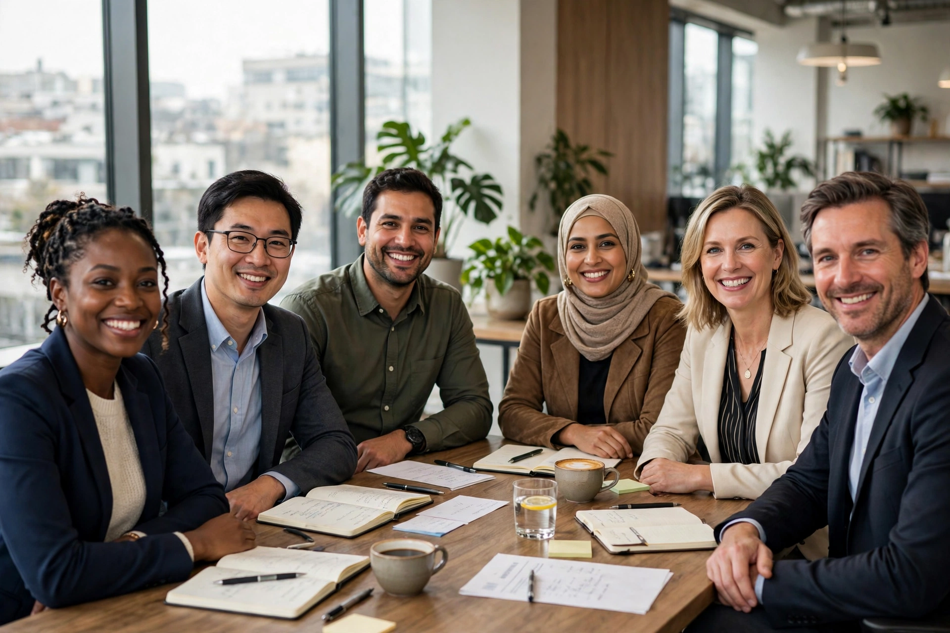 A diverse team of language professionals smiling together around a meeting table